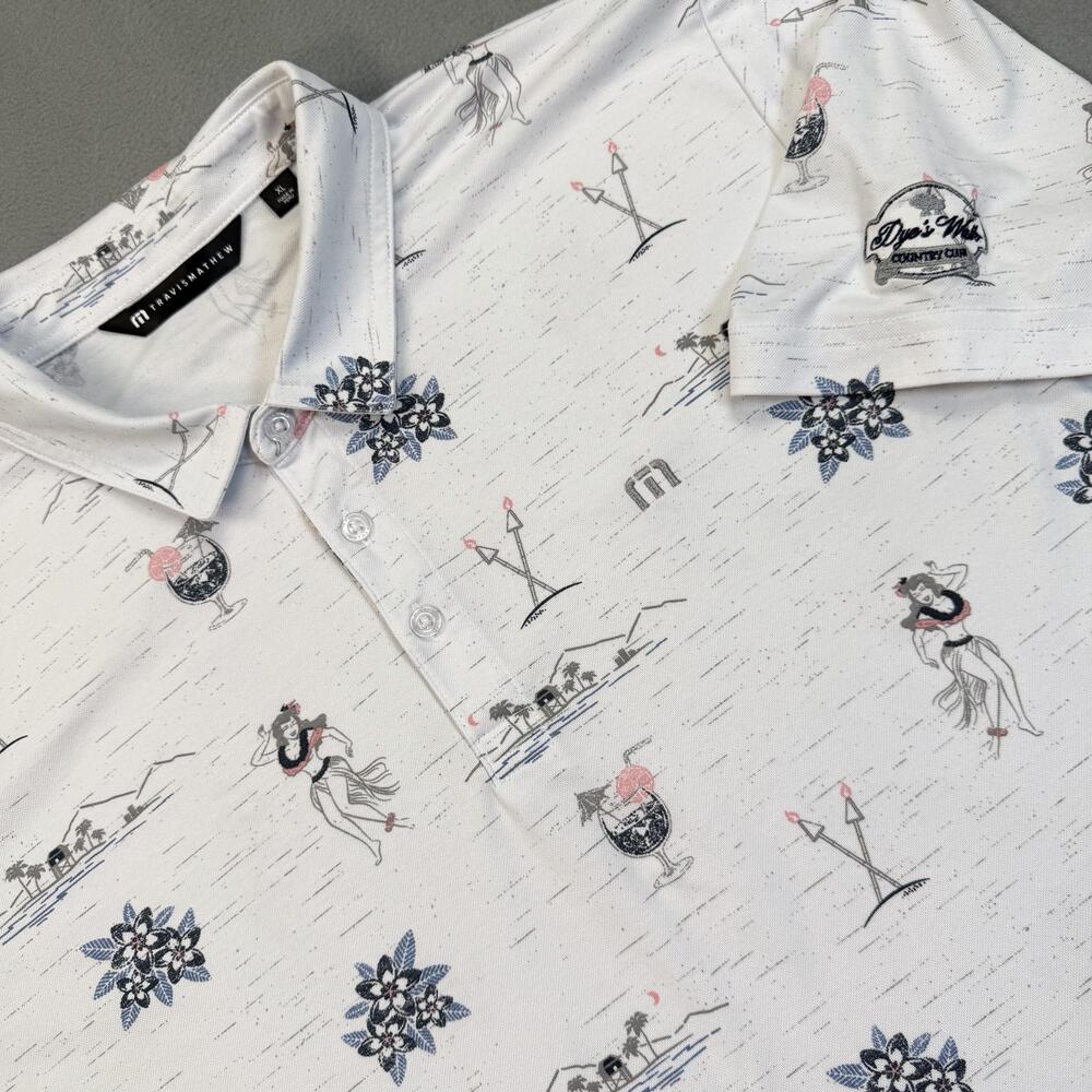TravisMathew Polo Shirt Mens XL White Island Paradise Golf Stretch Performance